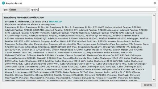 Arduino Alaplap-kezelő ablak, ahol az RP2040 mikrokontroller támogatása telepítésre kerül, beleértve a Raspberry Pi Pico-t és más eszközöket (RP2040, RP2350 és a számos megvalósítást)