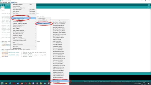 Az Arduino IDE-ben a Raspberry Pi Pico (RP2040) mikrokontroller kiválasztása látható az Eszközök menü Alaplap beállításánál.