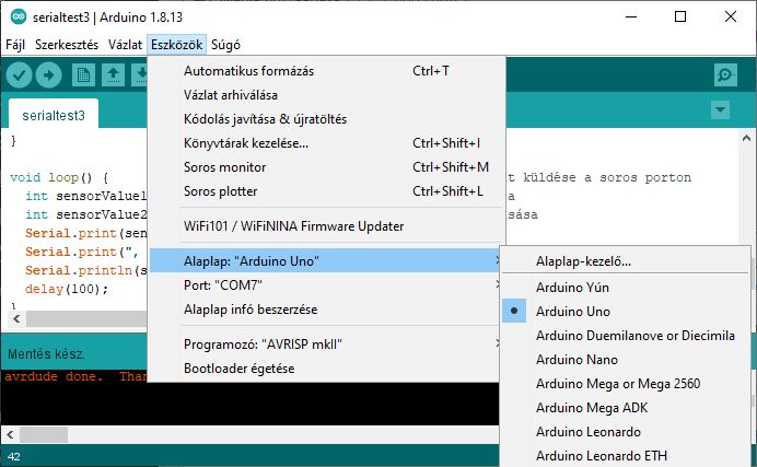 Soros plotter (diagram) az Arduino 1.x alatt - Cseh Robert / TavIR Alaplap és Port kiválasztása Arduino-1.x alatt