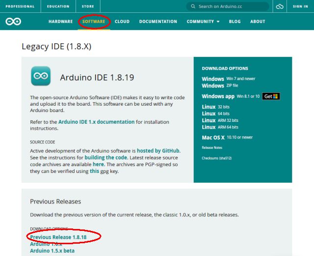 arduino.cc oldalon a software alatt a korábbi verzió kiválasztása