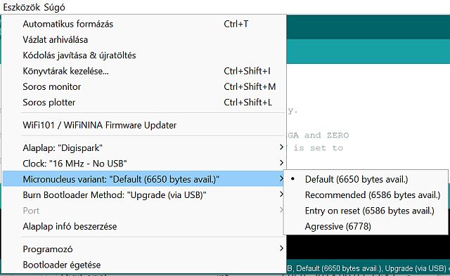 Digispark T85 (ATtiny85) használata - Cseh Robert / TavIR A bootloader kiadásának kiválasztása