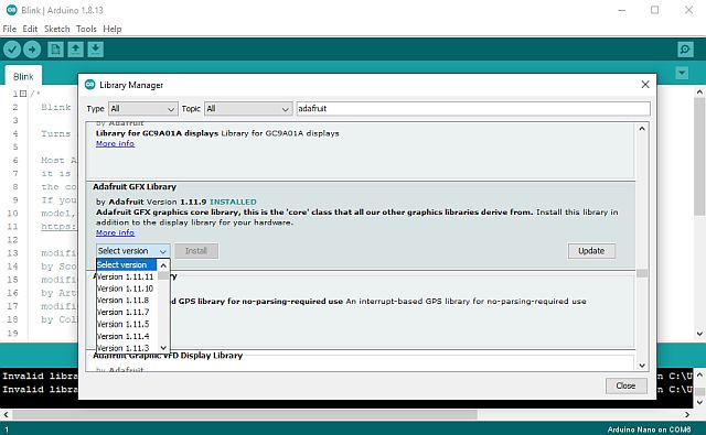 Arduino telepítése IV. - Library/könyvtár telepítése (eszközkezelők) - Cseh Robert / TavIR Arduino IDE Library Manager ablaka az Adafruit GFX Library részleteivel, telepítési és frissítési opciókkal, valamint verzióválasztási lehetőséggel.