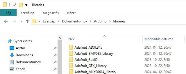 Arduino telepítése IV. - Library/könyvtár telepítése (eszközkezelők) - Cseh Robert / TavIR Windows fájlkezelő ablak a felhasználói Arduino libraries mappa tartalmával, különböző Adafruit könyvtárak, például Adafruit_ADXL345 és Adafruit_GFX_Library, módosítási dátumokkal.