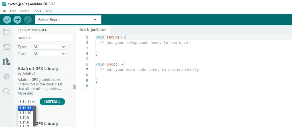 Arduino telepítése IV. - Library/könyvtár telepítése (eszközkezelők) - Cseh Robert / TavIR Arduino IDE 2.3.3 felülete megnyitott Library Managerrel, az Adafruit GFX Library telepítési és verzióválasztási lehetőségeivel, valamint egy Arduino sketch alapvető kódszerkezetével.