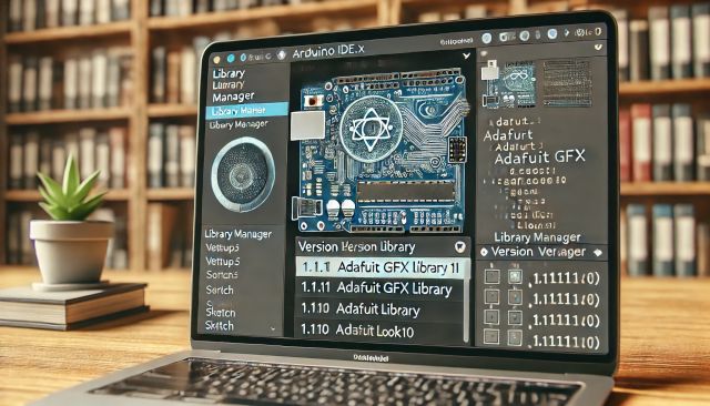 Arduino telepítése IV. - Library/könyvtár telepítése (eszközkezelők) - Cseh Robert / TavIR Laptopon megnyitott Arduino IDE Library Manager, amely az Adafruit GFX Library verziólistáját mutatja. A központban egy Arduino áramkör stilizált képe, a háttérben könyvespolcok és oktatási környezet.