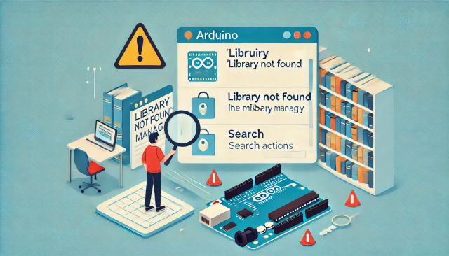 Arduino telepítése IV. - Library/könyvtár telepítése (eszközkezelők) - Cseh Robert / TavIR Arduino Library Manager hibakezelési jelenet, egy figura nagyítóval vizsgálja a 'Library not found' hibaüzenetet, egy Arduino UNO lapka, figyelmeztető ikonok, és könyvespolcok a háttérben