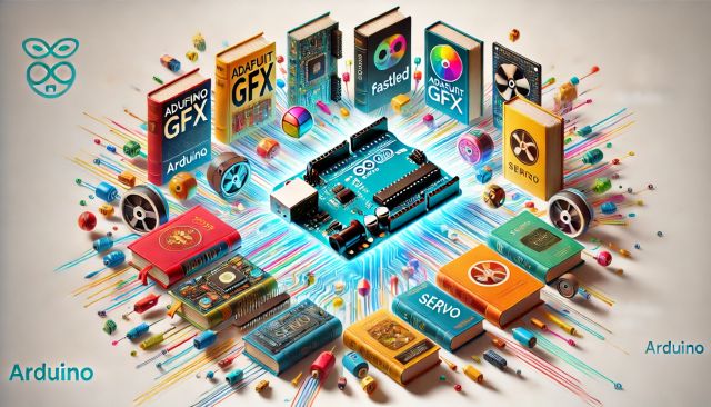 Arduino telepítése IV. - Library/könyvtár telepítése (eszközkezelők) - Cseh Robert / TavIR rduino UNO lapka digitális könyvek és elektronikai alkatrészek között, népszerű könyvtárak, mint az Adafruit GFX, FastLED és Servo, szimbolizálva az Arduino könyvtárak sokszínűségét és fontosságát,