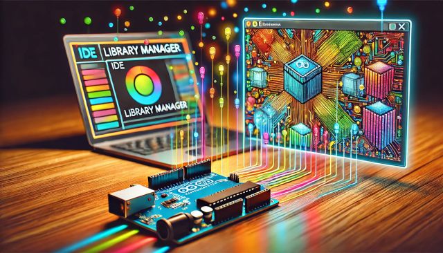 Arduino telepítése IV. - Library/könyvtár telepítése (eszközkezelők) - Cseh Robert / TavIR Arduino UNO lapka színes digitális jelekkel összekapcsolva két kijelzővel: az egyik az Arduino IDE Library Manager felületét mutatja, a másik pedig digitális kockákból álló színes áramköröket, középen az Arduino logóval.