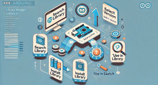 Arduino telepítése IV. - Library/könyvtár telepítése (eszközkezelők) - Cseh Robert / TavIR A képen egy vizuális ábra látható, amely az Arduino IDE Library Manager használatát mutatja be egy folyamatábrához hasonló módon.