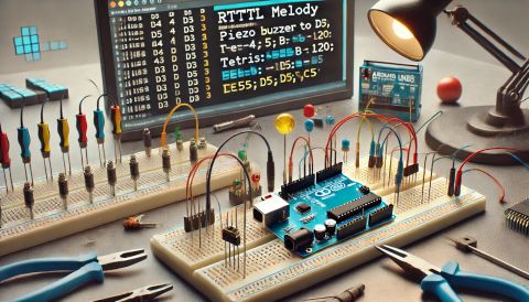 RTTTL - Arduino zenelejátszó III. - Cseh Robert / TavIR Az Arduino UNO egy breadboardon látható, amelyen több gomb (D2, D3) és egy piezo hangszóró (D5) van csatlakoztatva. A LED (D13) vizuális visszajelzést ad, miközben egy dallamot játszik. A háttérben az Arduino IDE ablakán az aktuális programkód jelenik meg