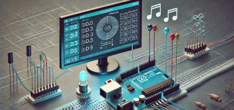 RTTTL - Arduino zenelejátszó III. - Cseh Robert / TavIR Az Arduino UNO egy breadboardon látható, amelyen több gomb (D2, D3) és egy piezo hangszóró (D5) van csatlakoztatva. A LED (D13) vizuális visszajelzést ad, miközben egy dallamot játszik. A háttérben az Arduino IDE ablakán az aktuális programkód jelenik meg, amely a nem blokkoló RTTTL dallamlejátszást vezérli.
