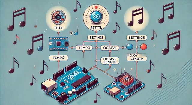 RTTTL - Arduino zenelejátszó III. - Cseh Robert / TavIR Egy grafikus ábrázolás, amely az RTTTL és RTTL formátum szerkezetét mutatja be. A kép tartalmaz egy fa-diagramot, amely az RTTTL három részére (Cím, Beállítások, Dallam szekvencia) bontja a struktúrát. Mellette egy Arduino UNO és piezo hangszóró kapcsolási ábrája látható. A kép hátterében zenére utaló hangjegyek szimbólumai lebegnek.