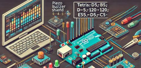 RTTTL - Arduino zenelejátszó III. - Cseh Robert / TavIR Egy 16:9 arányú képen az Arduino UNO alaplap, Multifunction Shield, piezo hangszóró, LED-ek, és gombok rendezett módon elhelyezve egy asztalon.