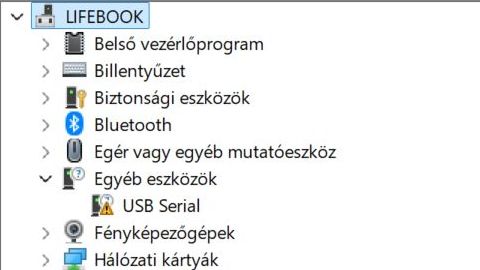 Eszközkezelő, amely USB Serial nevű eszközt mutat (eredeti CH340C chip).