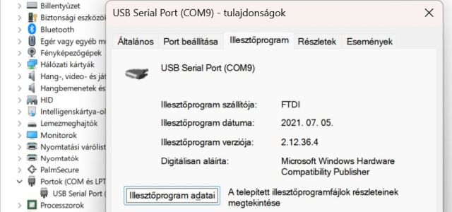 Hamisított USB illesztő chipek: a technológiai csalás új szintje - Cseh Robert / TavIR Egy Windows eszközkezelő ablak részlete, amely az USB Serial Port (COM9) tulajdonságait mutatja, beleértve az FTDI illesztőprogram információit.