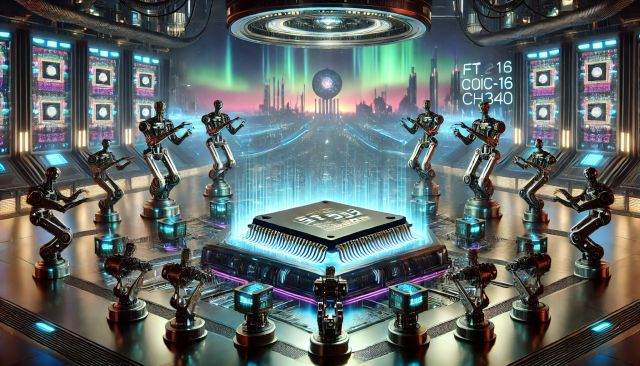 Hamisított USB illesztő chipek: a technológiai csalás új szintje - Cseh Robert / TavIR Sci-fi stílusú gyártósor futurisztikus robotokkal, amelyek egy chipet, például FT232 vagy CH340-t állnak körül.