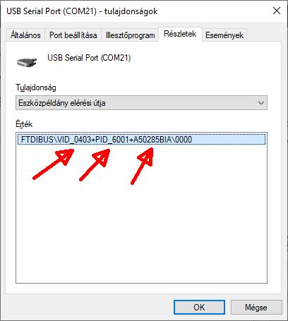 Hamisított USB illesztő chipek: a technológiai csalás új szintje - Cseh Robert / TavIR Windows Eszközkezelő USB Serial Port (COM21) tulajdonságai a „Részletek” fülön, ahol a VID (Vendor ID) és PID (Product ID) azonosítók, valamint az eszköz példányának elérési útja látható.