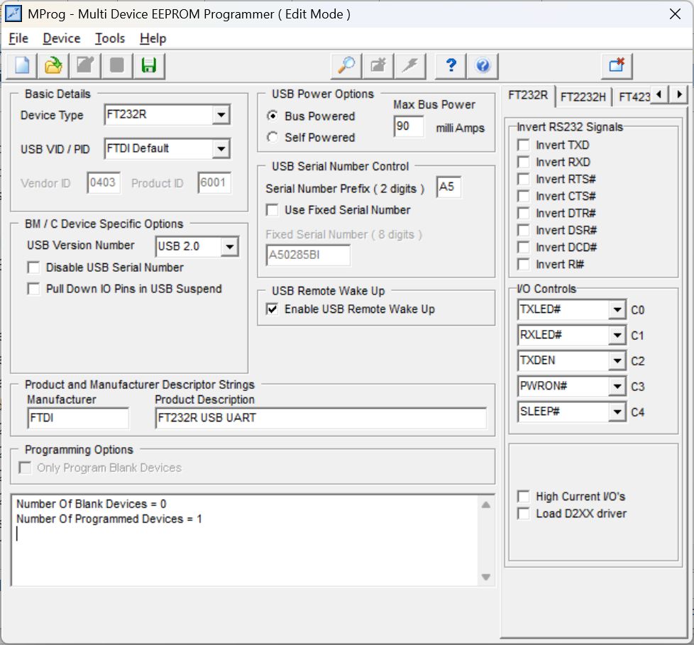 Hamisított USB illesztő chipek: a technológiai csalás új szintje - Cseh Robert / TavIR A képen az MProg (Multi Device EEPROM Programmer) szoftver ablaka látható, amelyet az FTDI által gyártott FT232R típusú USB-soros átalakító chipek konfigurációjához és programozásához használnak. Ez a program lehetővé teszi az FT232 chip EEPROM-jának beállítását és testreszabását, beleértve az USB-soros interfész paramétereit, az azonosítókat, valamint az egyéb működési opciókat.