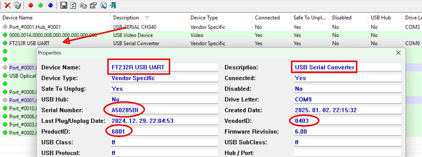 Hamisított USB illesztő chipek: a technológiai csalás új szintje - Cseh Robert / TavIR Egy eszközkezelő alkalmazás ablaka, amelyben az FT232R USB UART tulajdonságai láthatók, beleértve a termékazonosítót (PID 6001) és a gyártóazonosítót (VID 0403).
