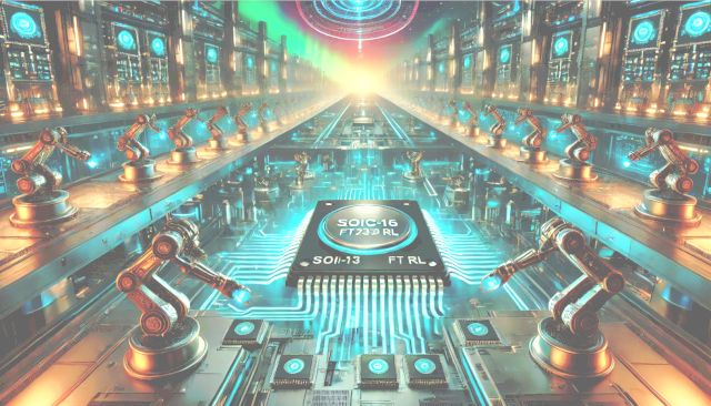 Az Arduino Uno USB-illesztőinek rejtélyes világa – Hamisítások és megoldások... - Cseh Robert / TavIR Futurisztikus gyártósor, amely robotkarokkal készít USB-illesztő IC-ket, középpontban egy klón FT232RL chippel