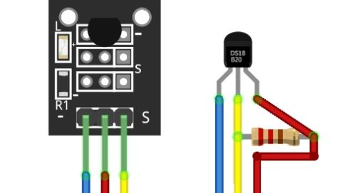 Hőmérsékletmérés DS18B20 és Arduino segítségével - Cseh Robert / TavIR DS18B20 hőmérséklet-érzékelő modul és szenzor bekötési ábrája, jelölésekkel és színes vezetékekkel.