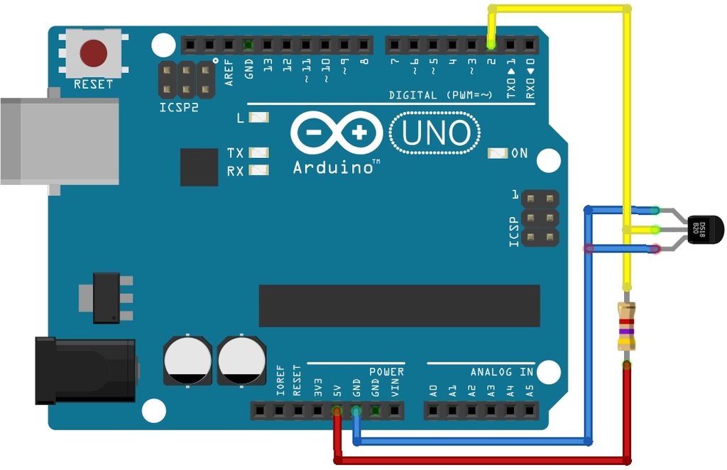 Hőmérsékletmérés DS18B20 és Arduino segítségével - Cseh Robert / TavIR Egy DS18B20 hőmérséklet-érzékelő bekötési diagramja Arduino Uno mikrokontrollerhez, parazita tápellátással.