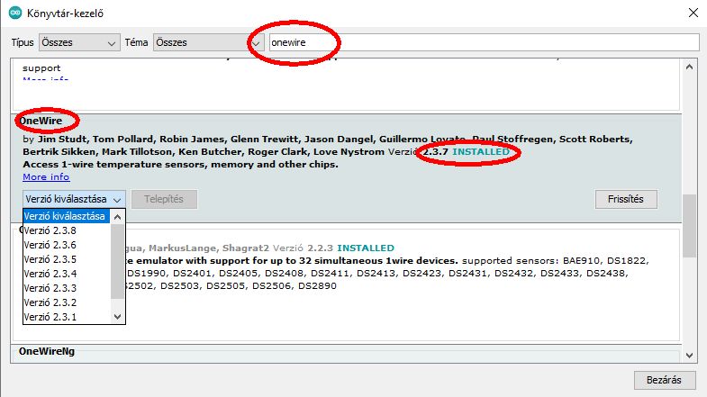 Hőmérsékletmérés DS18B20 és Arduino segítségével - Cseh Robert / TavIR Arduino Könyvtárkezelő ablak, a OneWire könyvtár kiválasztásával és telepített verziójának megjelenítésével.