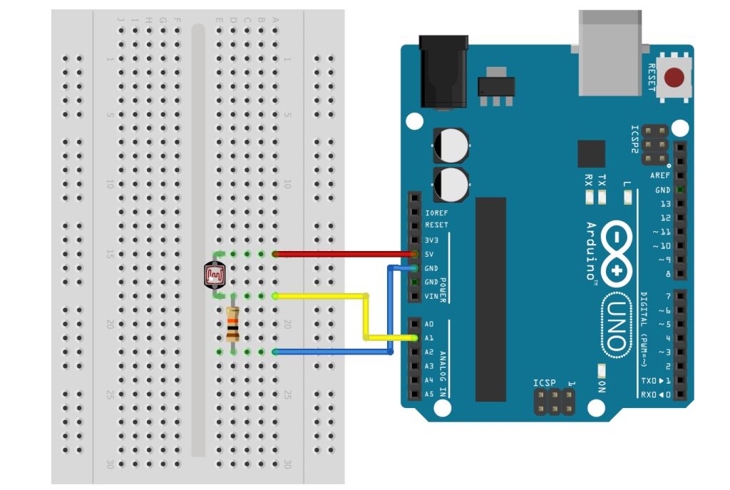 Fényérzékelés fotoellenállással - Cseh Robert / TavIR Arduino Uno mikrokontroller egy próbapanellel (breadboard) összekötve, amelyen egy fotoellenállás (LDR) és egy ellenállás található, analóg bemenetre csatlakoztatva.