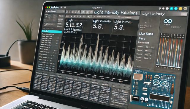 Fényérzékelés fotoellenállással - Cseh Robert / TavIR Egy laptop képernyőjén egy Arduino-alapú fényintenzitás-mérő alkalmazás látható, amely valós idejű adatokat jelenít meg egy LDR szenzorból. A grafikonon a fényintenzitás változása figyelhető meg hullámzó vonalakkal, mellette élő adatok és szenzorértékek jelennek meg.