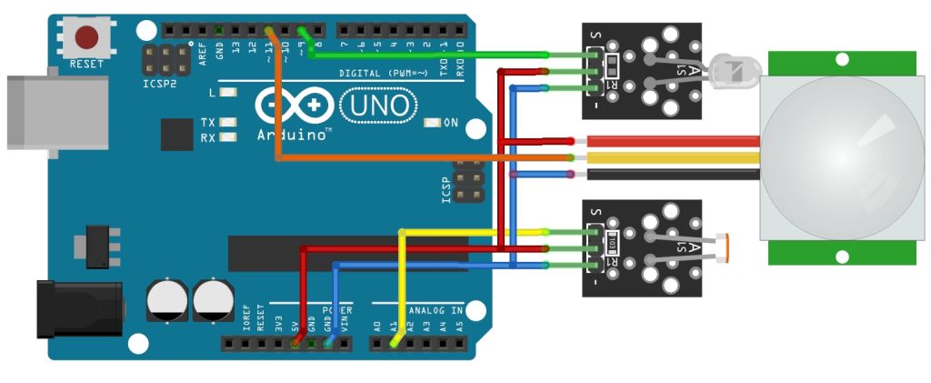 Fényérzékelés fotoellenállással és környezeti megvilágításszabályzás - Cseh Robert / TavIR Egy Arduino Uno mikrokontroller áramköri kapcsolási rajza, amelyhez egy PIR mozgásérzékelő és egy fotoellenállás és egy LED modul csatlakozik különböző színű vezetékekkel.