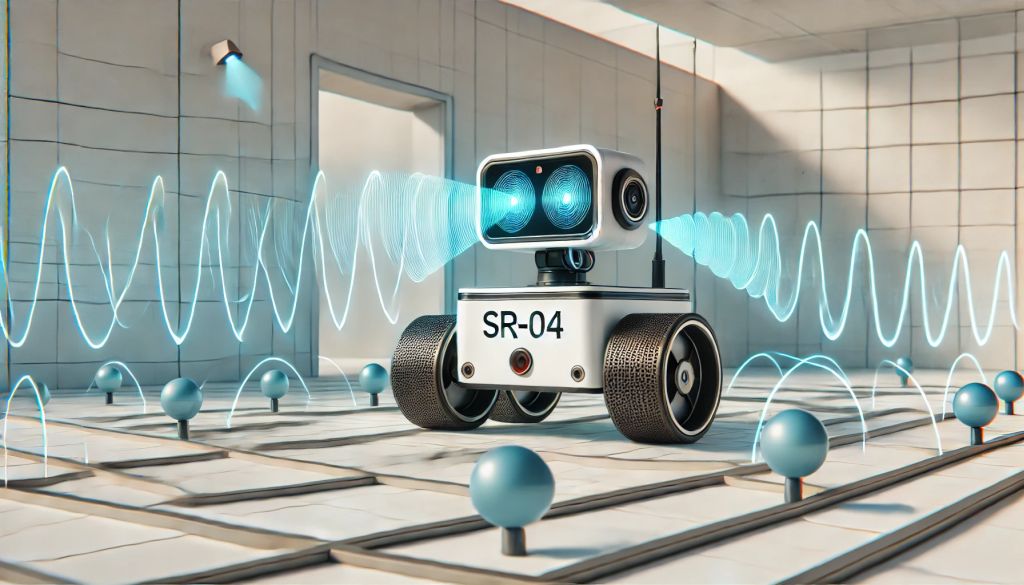 Egy futurisztikus, kerekeken guruló robot, amely ultrahangos érzékelőkkel térképezi fel a környezetét.