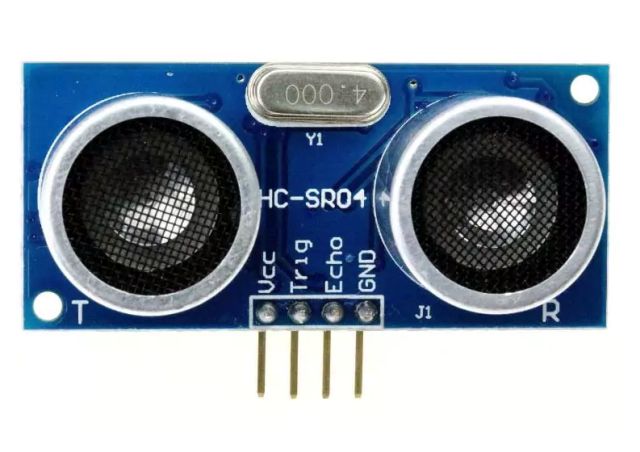 Egy HC-SR04 ultrahangos távolságérzékelő modul, amelyet mikrokontrolleres projektekhez használnak távolságmérésre.
