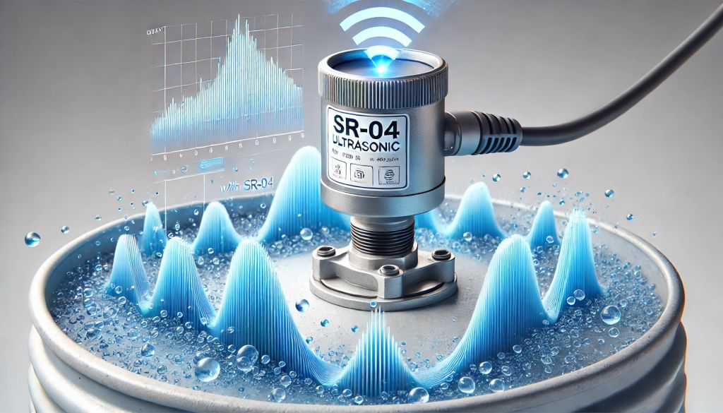 Egy ipari ultrahangos érzékelő (SR-04 ULTRASONIC) egy tartály tetején, amely a folyadékszint mérésére használható, vizualizált ultrahangos hullámokkal és digitális adatmegjelenítéssel.