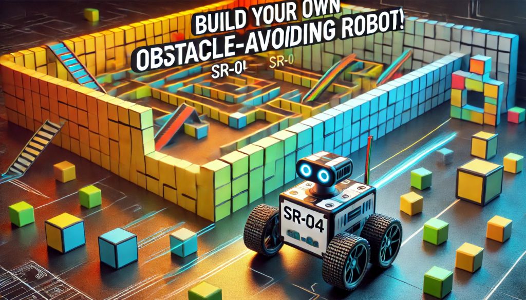 Egy akadálykerülő robot (SR-04) egy színes, kockákból felépített labirintus előtt, amelyet ultrahangos érzékelőkkel navigál.