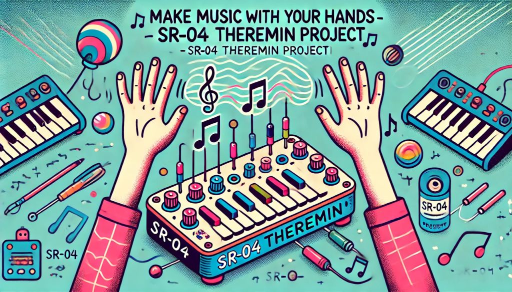 Egy színes illusztráció az SR-04 Theremin projektről, ahol egy ultrahangos érzékelővel vezérelt zenei eszközt kézmozdulatokkal lehet irányítani.