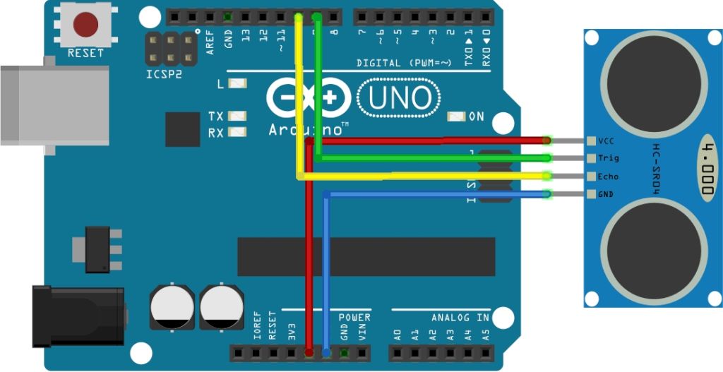 Egy HC-SR04 ultrahangos távolságérzékelő csatlakoztatása egy Arduino Uno mikrokontrollerhez különböző színű vezetékekkel.