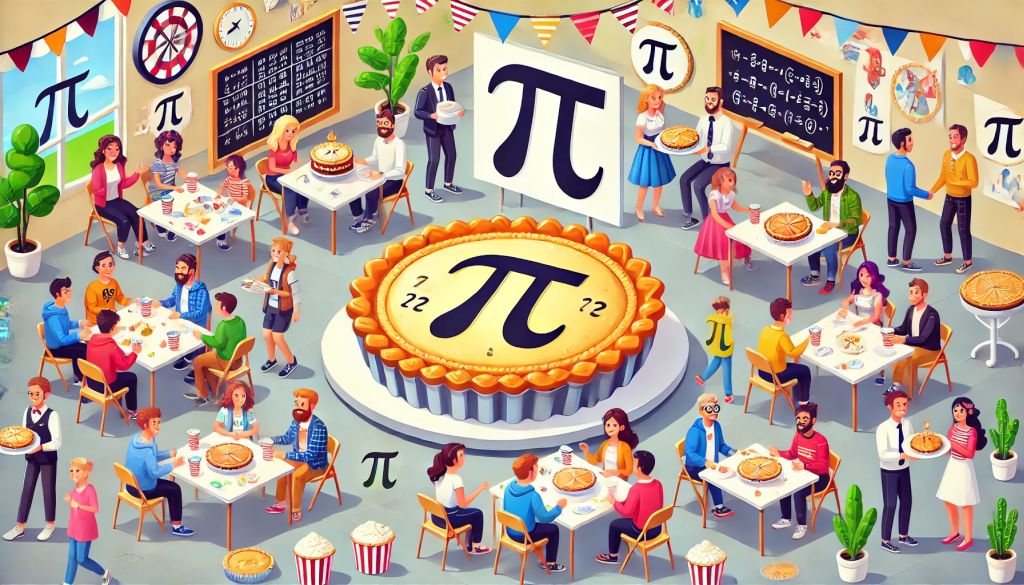 Mit ünneplünk március 14-én? - A PI nap története és érdekességei - Cseh Robert / TavIR Egy vidám Pi-napi ünnepség, ahol az emberek pitét esznek és a π (pi) számot ünneplik egy matematikai témájú közösségi rendezvényen.