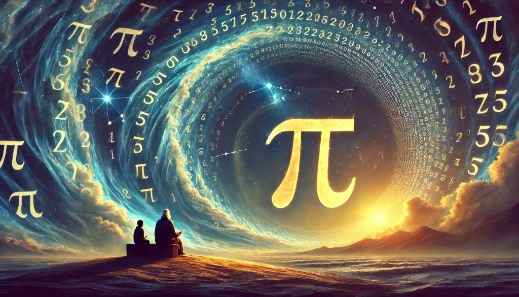 Mit ünneplünk március 14-én? - A PI nap története és érdekességei - Cseh Robert / TavIR Egy misztikus tájkép, ahol egy bölcs és egy gyermek a végtelenbe nyúló π (pi) szimbólumokkal és számjegyekkel teli spirál előtt ül, amely az univerzum matematikai rendjét szimbolizálja.