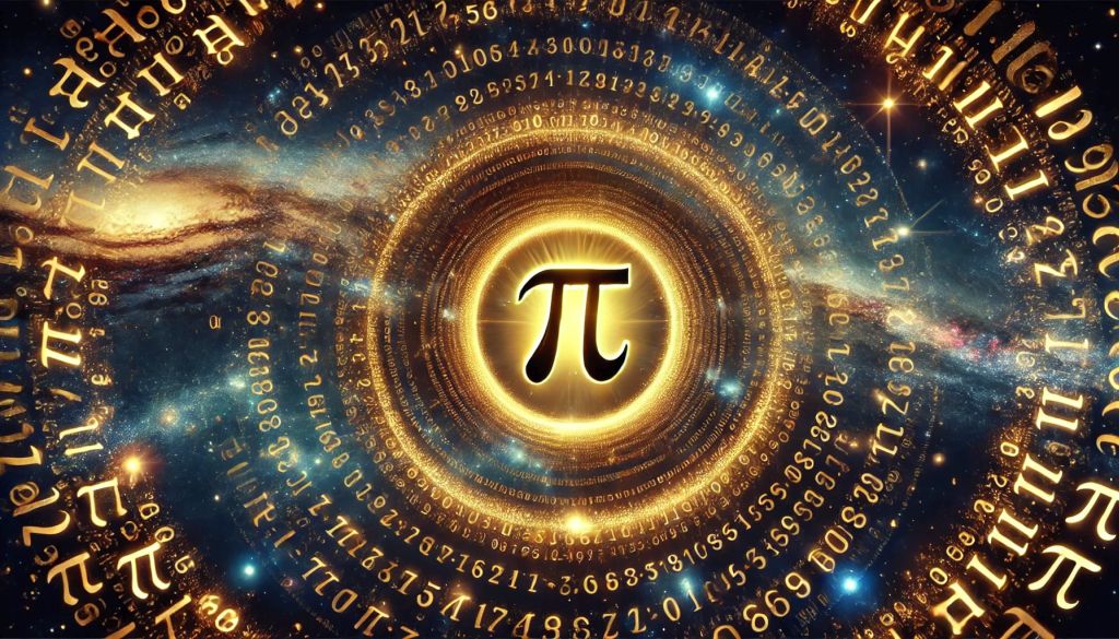 Mit ünneplünk március 14-én? - A PI nap története és érdekességei - Cseh Robert / TavIR Egy misztikus, aranyszínű spirálgalaxis, amelyben a π (pi) szimbólum és végtelen számjegyei keringenek, vizualizálva a matematika és az univerzum kapcsolatát.