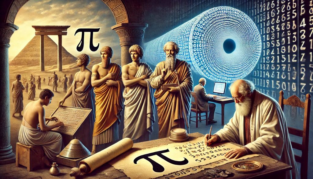 Mit ünneplünk március 14-én? - A PI nap története és érdekességei - Cseh Robert / TavIR Egy misztikus, történelmi és matematikai témájú kép, amely az ókori és modern tudósok felfedezéseit ábrázolja a π (pi) szám körül, ókori építményekkel és egy digitális adatspirállal a háttérben.