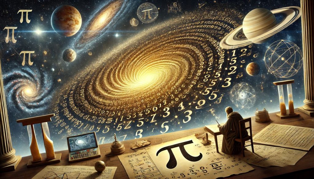 Mit ünneplünk március 14-én? - A PI nap története és érdekességei - Cseh Robert / TavIR Egy misztikus, matematikai és csillagászati témájú fantáziafestmény, amelyben a π (pi) számjegyei egy spirális galaxis formájában lebegnek az univerzumban, miközben egy tudós tanulmányozza azokat.