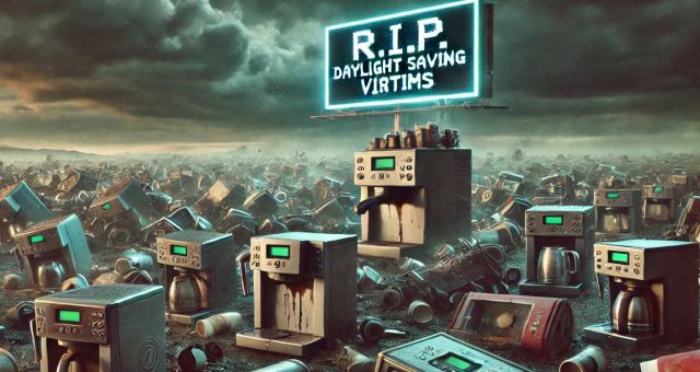 Egy posztapokaliptikus táj tele elromlott kávéfőzőkkel, egy digitális tábla felirata: „R.I.P. Daylight Saving Victims”. Az óraátállítás hősei.
