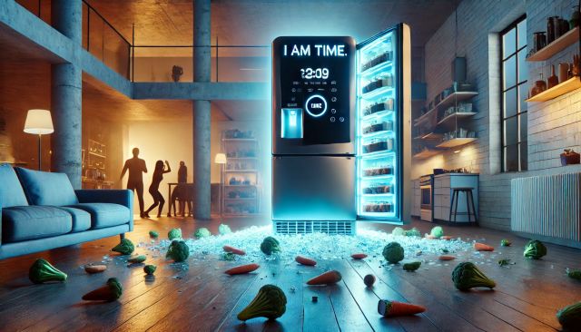 Egy világító, futurisztikus hűtőszekrény áll a nappali közepén, körülötte szétszórt zöldségekkel és a kijelzőn a felirattal: „I AM TIME.” Az óraátállítás következményei...