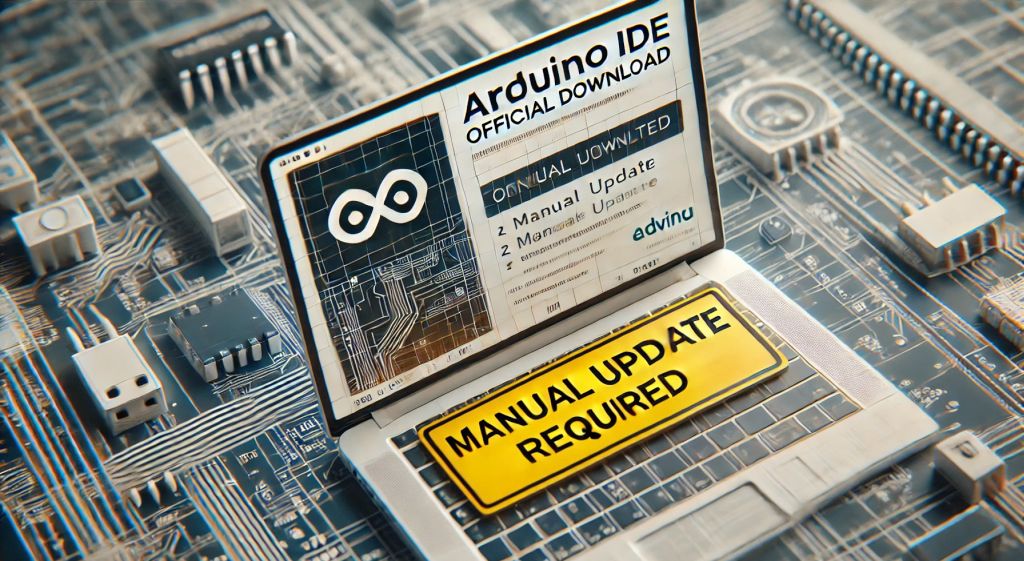 Egy laptop nyitott képernyővel az Arduino IDE hivatalos letöltőoldalán, nagy sárga figyelmeztető felirattal: „MANUAL UPDATE REQUIRED”.