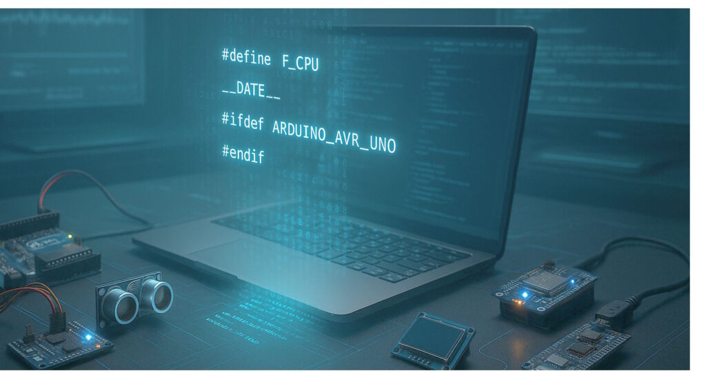 Rejtett szimbólumok az Arduino kódban, avagy mit ad hozzá a fordító? - A fordítási makrók világa - Cseh Robert / TavIR Egy laptop képernyőjén Arduino C-kód látható, miközben körülötte különböző mikrovezérlő panelek és szenzorok vannak elhelyezve egy műhelyasztalon.