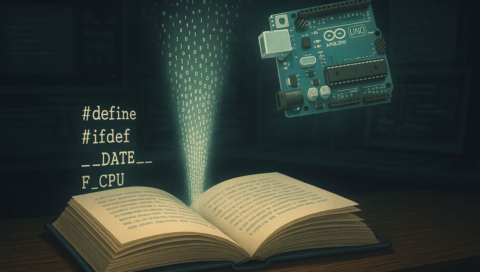 Rejtett szimbólumok az Arduino kódban, avagy mit ad hozzá a fordító? - A fordítási makrók világa - Cseh Robert / TavIR Egy nyitott könyvből bináris kód áramlik egy lebegő Arduino panel felé, C-preprocesszor direktívák mellett. Arduno kód valamint a preprocesszor és a __DATE__