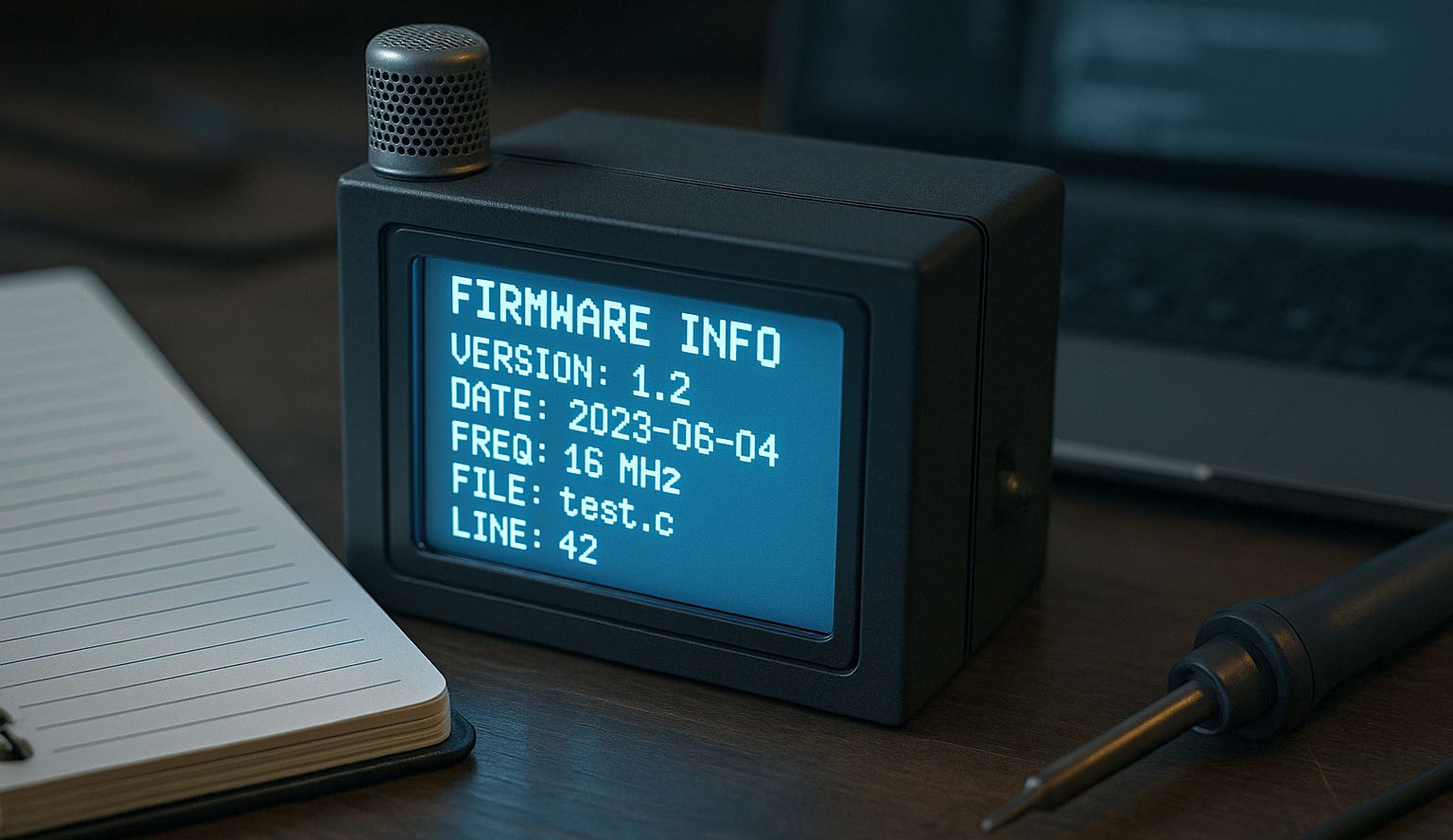 Rejtett szimbólumok az Arduino kódban, avagy mit ad hozzá a fordító? - A fordítási makrók világa - Cseh Robert / TavIR Kis képernyős eszköz jelenít meg firmware-információkat egy forrasztópáka és jegyzetfüzet mellett.