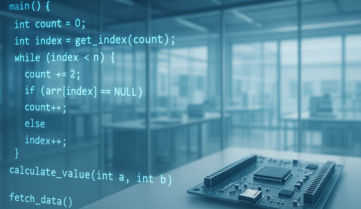 Rejtett szimbólumok az Arduino kódban, avagy mit ad hozzá a fordító? - A fordítási makrók világa - Cseh Robert / TavIR Mikrokontrolleres áramkör előtt lebegő programkód modern irodai háttérrel. Arduino fordító utasításokkal.