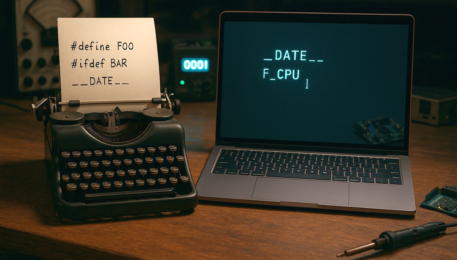 Rejtett szimbólumok az Arduino kódban, avagy mit ad hozzá a fordító? - A fordítási makrók világa - Cseh Robert / TavIR Egy írógép és egy laptop képernyőjén is C-preprocesszor direktívák láthatók, egy műhelyasztalon elhelyezve.