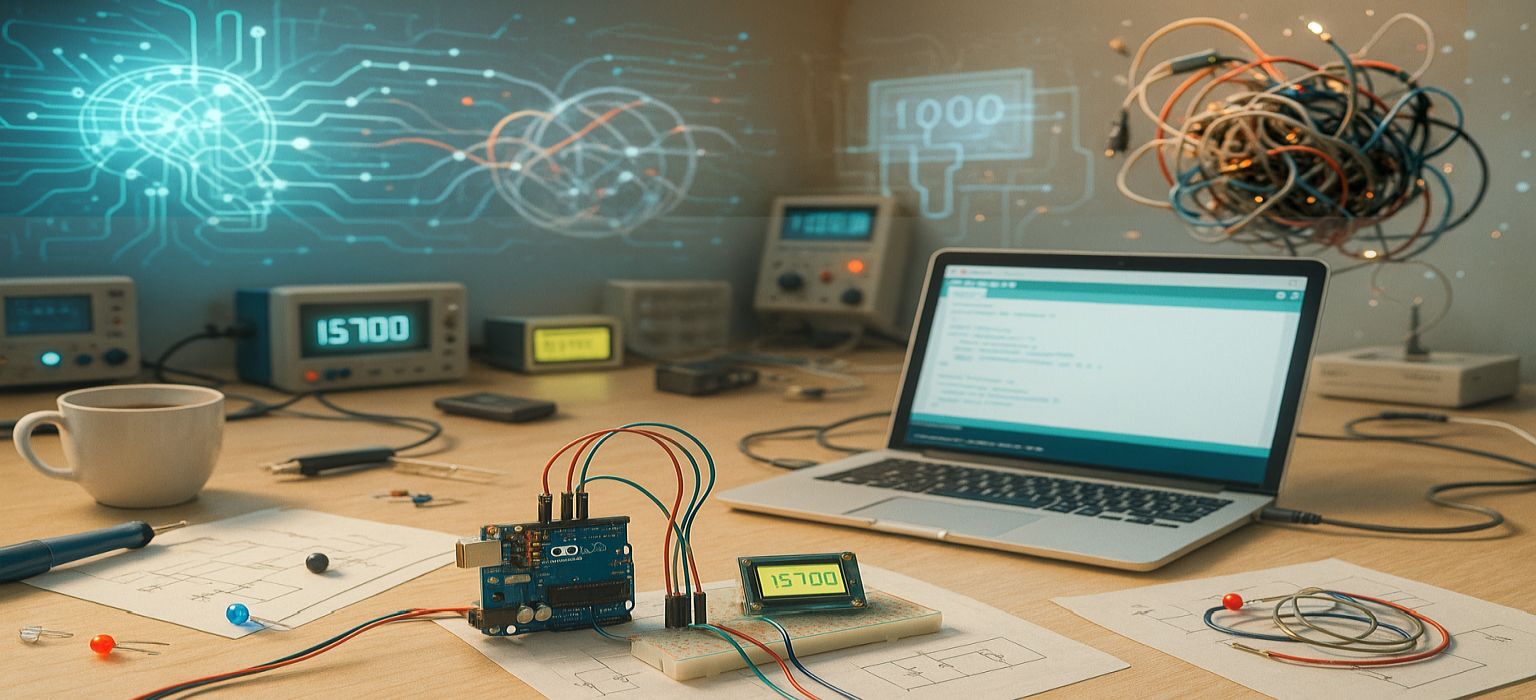 Rendszerezett Arduino programozás - avagy hogyan győztem le a spagettikódot - Cseh Robert / TavIR Egy Arduino-val felszerelt munkaasztal, háttérben egy lebegő kábelgubanc és digitális kijelzők.